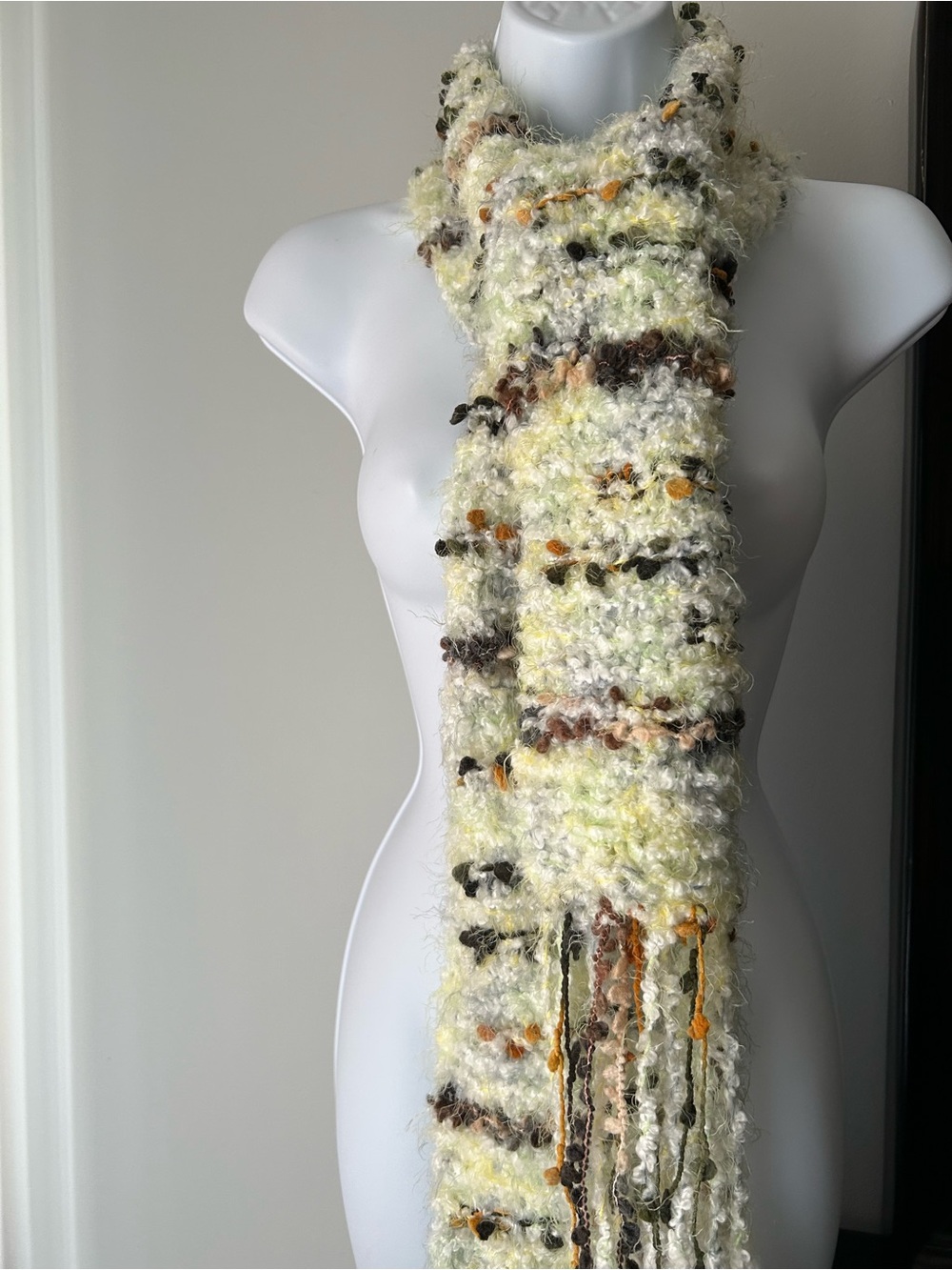 Handcrafted Cream & Yellow Bouclé Scarf with Multicolor Accents